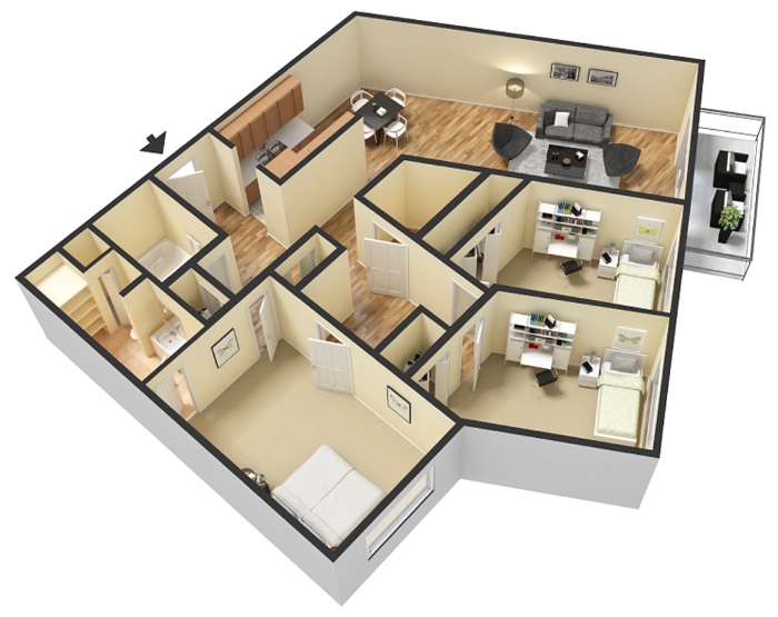 Floor plan for 3 beds, 1.5 baths, 1210 sqft